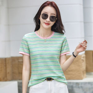 Women Mint Green Wave Short Sleeves Round Neck T-shirt Korean Style Tee Casual Contrast Stripe Tops