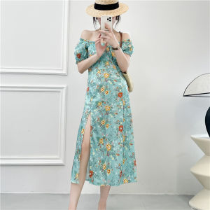 เรียบหรู หวาน ผ้าไหมสไตล์ ผ้าซาติน ปาดใหล่ เดรส ฤดูร้อน สินค้าใหม่ ผู้หญิง กระโปรง Small Fresh Split ดีไซน์ แขนสั้นคําเดียว ปกเสื้อ