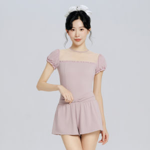 Womens Lace-Up Dance Leotards Backless Mesh Splice Ballet Bodysuit Adult Puff Sleeve Gymnastics Leotard