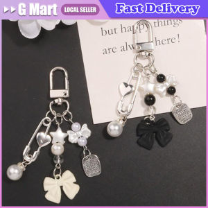 Creative Pins Beaded Keychain Faux Pearl Stars Bow Pendant Keyring Diy Earphone Case Wallet Ornament Kid Girl Party Gift