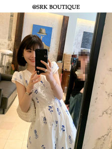 SRK French Style Embroidered V-Neck Slim Fit Cotton Dress with Short Sleeves and A-Line Skirt Floral Pattern Pullover Style for Summer