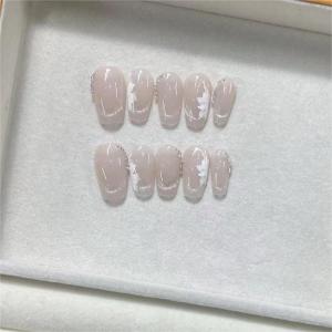 Hand-Painted White Flower Short Wearing False Nails French Style Pink Cat-Eye Design And Cute Nail Art for Girls