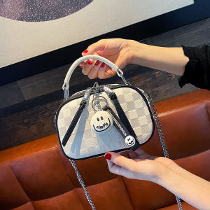 Fashionable Double Layered Womens Crossbody Bag with Chain Mobile Phone Pouch Checkered Pattern Versatile Small Square Bag