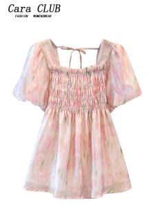 Summer Womens Shirt Large Size Puff Sleeve Waist Cinched Slimming Top Square Collar Bubble Sleeve Sweet Style plus Size