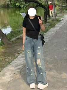 plus Size Womens High Waist Jeans Loose Fit Handmade Ripped Denim Pants Sweet Style Cotton Polyester Blend Spring Summer