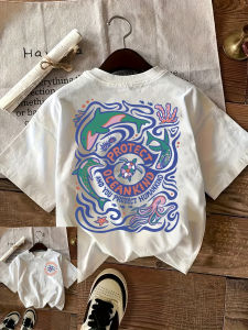 "Protect Ocean Kind" Geometric Print T-Shirt - Relaxed Round Neck Short Sleeve Womens Top  Casual Style  Aesthetic Clothes
