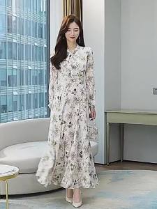 LJชุดเดรสแขนยาว/กระโปรงยาวโบว์ผ้าชีฟองลายดอกไม้สำหรับสุภาพสตรีปี2023