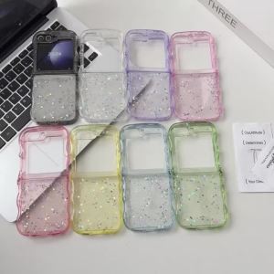 3D Wave Drip Glue Glitter Star Sequins Fold Clear Case For Samsung Galaxy Z Flip 7 6 5 4 3 Cute Arc Curly Edge Shockproof Cover