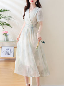 DAIXIANGFEIZI | Flared Waist Chinese Style Short Sleeve V-neck Womens Dress
