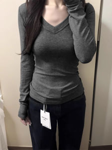 Áo Thun Nữ Cổ Chữ V Lót Lông Cừu Màu Xám Ôm Vừa Vặn Dài Tay Mùa Thu Đông Phong Cách Hàn Quốc Màu Trơn Thường Ngày