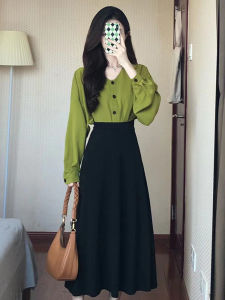 Avocado Green Shirt Commute Style Womens Fashion Chiffon Top French Autumn Outfit Two-Piece Set Half Skirt Button Sleeve Long Shirt
