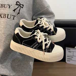 Womens Canvas Shoes Soft Bottom Thick Heel Green Matcha Versatile Cross Buckle Spring 2025 Low Cut round Toe Pure Color