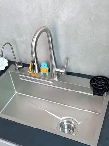【single slot becomes a double slot】4.0MM 304 silver waterfall Sink lababo stainless complete set sink stainless for kitchen Single slot Suitable for large kitchens Vegetable sink integrated basin vegetable Sterilization sink with faucet set