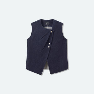 Pinch Pleat Oblique Placket Structured Denim Vest