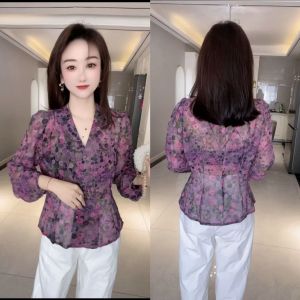 Áo Sơ Mi Nữ Họa Tiết Hoa Thời Trang Dáng Ôm Cổ Chữ V Tay Dài Thường Ngày Chống Nhăn Không Có Túi Chất Liệu Polyester