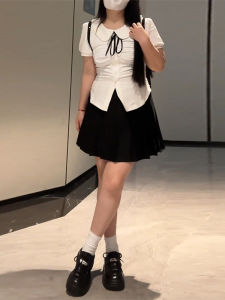 Áo Sơ Mi Nữ Cỡ Lớn Phong Cách Đại Học Ngọt Ngào Mùa Hè Cỡ Nhỏ Cỡ Lớn Mm Mỏng Áo Ngắn Thiết Kế Eo Cạp Cao