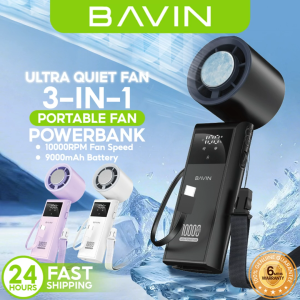 BAVIN BF019 3-in-1 Ultra Quiet Ice Cooling Handheld Fan 199-Speed Strong Wind Foldable w/ Flashlight + 9000mAh Powerbank