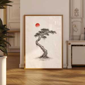 BILIBILI | Japanese Ink Tree Poster Wabi Sabi Bonsai Wall Art Print with Red Sun Minimalist Zen Decor for Office Neutral Art Home Gift
