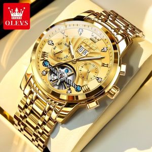 OLEVS Automatic Watch  Luxury men Automatic mechanical Watch Stainless steel Waterproof Luminous Hollow Multi-function Calendar Diamond Dial High Quality Watch For Men