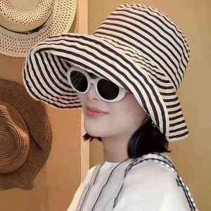 Large Brim Striped Sun Hat Womens Outdoor UV Protection Full Face Sunshade Fashionable Breathable Cotton Leather Hat