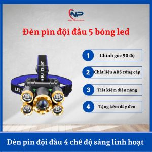 Đèn pin đội đầu mini siêu sáng 5 bóng led Kèm dây đeo đầu sạc USB 5V Pin Siêu Tiện Lợi quà tặng 4 nút bịt ổ cắm