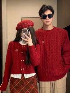 เสื้อสเวตเตอร์สีแดงสำหรับคู่รัก ฤดูใบไม้ร่วง/ฤดูหนาว วันคริสต์มาส ปีใหม่ ปีเกิด งานแต่งงาน งานแต่งงาน 2025 ปีใหม่