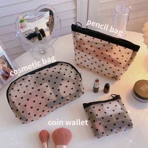 Transparent Heart Mesh Storage Black Heart Printed Bags: Essential Women's Pencil Pen Case & Travel Organizer
