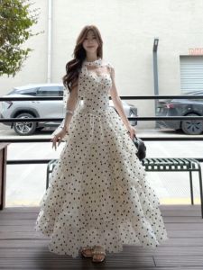 CHANGTONG | French Style Polka Dots Puff Skirted Dress