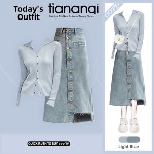 TIANANQI | Fashion College Style Long Sleeve Knit Top Vintage High Waist Denim Skirt Two-piece Set
