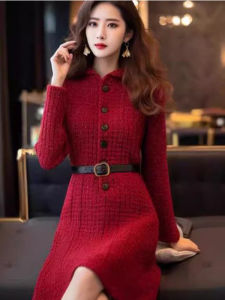 Elegant Red Christmas Dress Slimming A-Line Skirt Fashionable Button Detail Long Sleeve Ladies Dress for Engagement