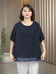 plus Size Womens Short Sleeve T-Shirt Summer Fashion Casual Loose Fit Polyester Blend round Neck Top for Middle-Aged And Elderly