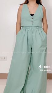 DNEMNLPH Joan Vest & Highwaist Pants Set - Trendy Korean BKK Button Cotton Linen Garter Pocket Coordinates Terno Stretch Plain Basic Vintage Sleeveless Jolly