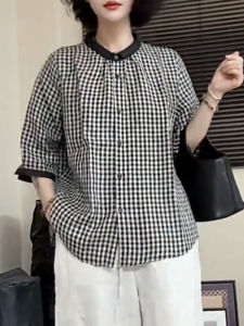 UYFY | Womens Loose Fit Short Sleeve Plaid Linen Shirt Summer 2025 Fashion Casual Style Slimming Top Versatile Casual Wear