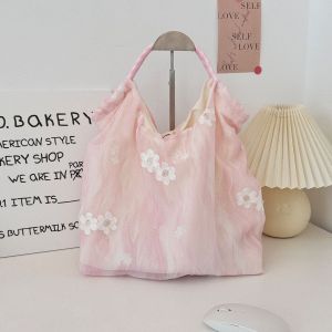 Commute Embroidered Chiffon Canvas Tote Bag Single Shoulder Hobo Bag Fresh Artistic Travel Vacation Handbag for Women