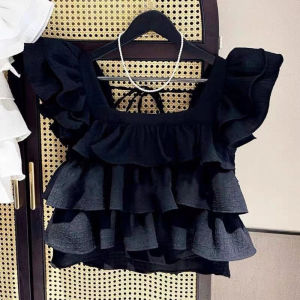 New Summer Girls Clothing for 2-7 Years Old Korean Version Sweet and Cute Square Neck Pleated Lace Sleeves Backless Bow Top