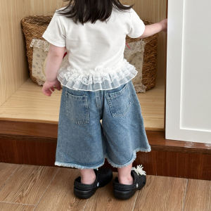 Korean Style Short Sleeve T-Shirt for Girls Summer Fashion Baby Clothes with Butterfly Knot Flower Edge Cotton Polyester Blend