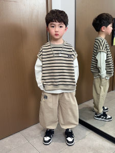 Spring New Style Childrens Three-Piece Set Baby Boy Trendy Clothes Knitted Fabric Stripe Pattern Korean Style Long Sleeve Pants
