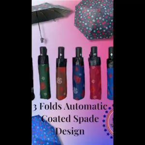 (ELLA SHOP) 3 folds automatic printed (SPADE) Design coated umbrella + FREE SPONGE