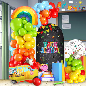 103Pcs Back-To-School Themed Balloon Arch Set Large Rainbow School Bus Shaped Foil Balloons Red Yellow Fruit Green Latex Balloons Suitable for Decorating School Scenes on the First Day of School Birthday Party Decorations