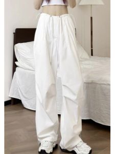 กางเกงทำงานขาบานสีขาวทรงหลวมสำหรับผู้หญิง กางเกงขายาวลำลองสำหรับเต้นรำแจ๊สฤดูร้อน ทรงหลวม ทรงบาง กางเกงขายาวทรงยาว