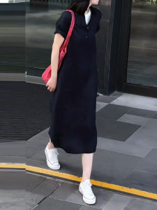 UYFY | Hebe Style Loose Fit Casual Black Short Sleeve Long Dress Womens Fashionable Versatile Summer Autumn New Arrival Slimming Dress