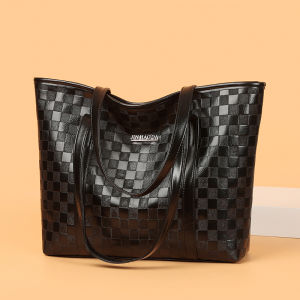 New Womens Plaid Pressed Flower Soft Leather Tote Bag Simple Commuter Single Shoulder Bag Casual Trendy Handbag Large Size