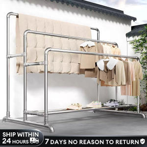 ORDNEVO 3 Rails Of Steel Pipe Clothes Rack Outdoor Rail Easy To Assemble Waterproof Rust-Proof 60-200cm Height 180-200cm