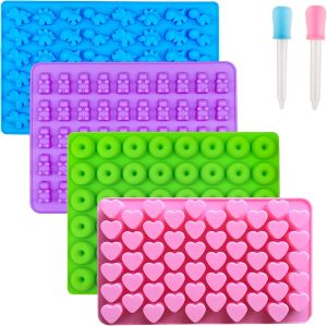 4Pcs Candy Silicone Moulds with 2 Dropper Set Candy Gummy Molds Jelly Trays Mold Set Reusable Candy Baking Mold Kitchen Tools