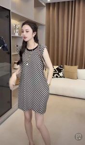 Váy Dài Không Tay Dáng Chữ a Mùa Hè Cho Nữ Dáng Rộng Thoải Mái Có Đường Kẻ Sọc Đen Và Trắng Sau Lưng Váy Midi Thường Ngày