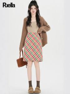 puella | Korean Style Rainbow Plaid Wool High Waisted A-Line Skirt