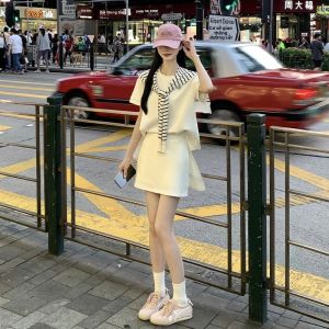 XIAOQIAOJIA | Áo sơ mi kẻ sọc tay ngắn hai mảnh phong cách nhẹ nhàng mới 2025 Áo khoác cho tiệc sinh nhật mùa hè cho phụ nữ từ 18-24 tuổi