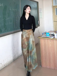 New Chinese Style Gradient Smokey Half Skirt Womens High Waist Slimming A-Line Long Skirt Spring Autumn Fashion Elegant