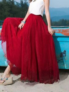 Gold Thread Chiffon Maxi Skirt Half-length Summer Beach Vacation High Waist Tulle Dance Skirt A-line Pure Color Composite Fabric