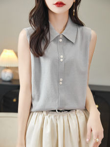 Stylish Early Autumn Sleeveless Polo Collar Knitted Woolen Vest Womens Fashionable Base Layer Shirt No Armholes Regular Length